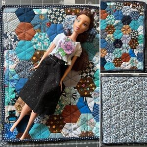 Barbie Quilt - Blue Brown Hexies - Handmade